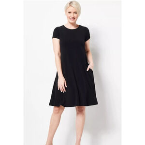 Susan Graver Liquid Knit Cap‎ Sleeve Dress Black 2X LBD V-Back Slimming Pull On